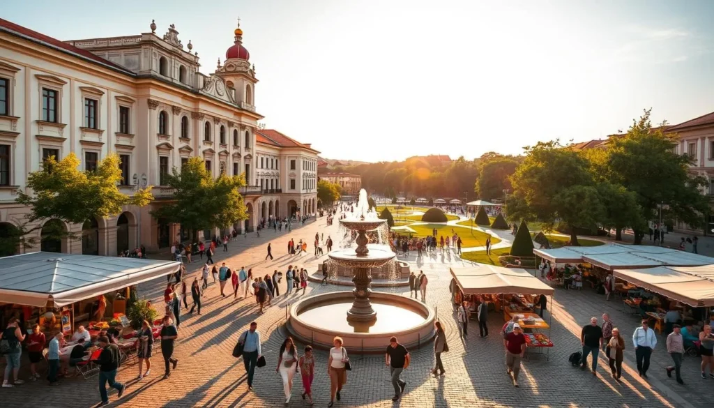 A bustling town square in Zalaegerszeg, Hungary, bathed in warm, golden sunlight. People stroll through the cobblestone plaza, admiring the neo-Baroque architecture of the town hall and surrounding buildings. A fountain stands in the center, its gentle flow creating a soothing ambiance. In the foreground, locals and tourists alike gather, enjoying outdoor cafes, browsing local shops, and engaging in lively conversations. The middle ground features a vibrant street market, with vendors selling an array of fresh produce, handcrafted goods, and traditional Hungarian delicacies. In the background, a lush, verdant park invites visitors to explore its walking paths and tranquil green spaces, offering a peaceful respite from the bustling town center.