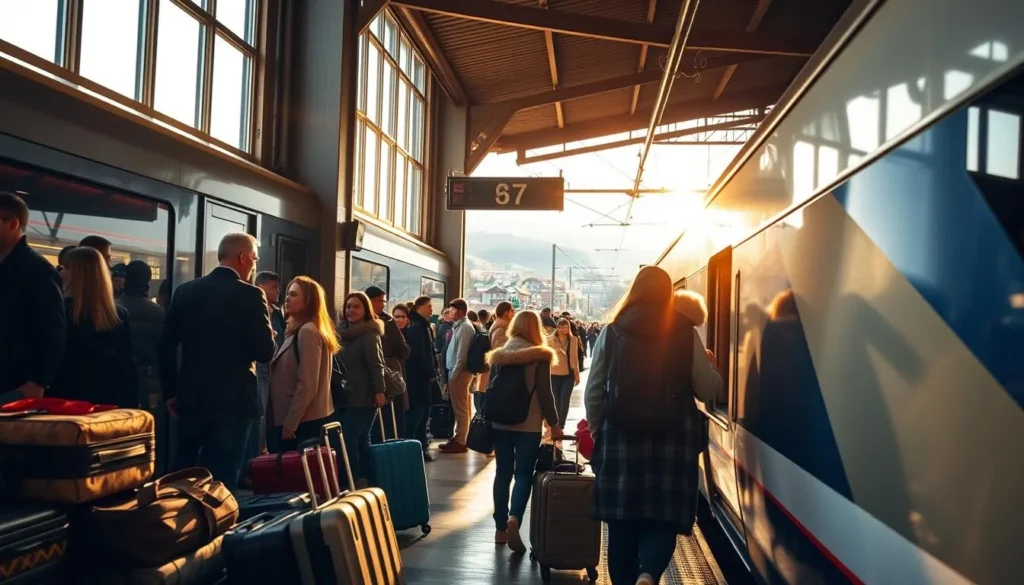 A bustling train station in the heart of Vratsa, Bulgaria. The platform is filled with travelers eagerly awaiting their departure, their luggage stacked neatly beside them. The warm, golden sunlight streams in through the large windows, casting a soft glow over the scene. In the foreground, a family boards the sleek, modern train, their faces alight with excitement for the journey ahead. In the background, a quaint town nestled between rolling hills can be seen through the train's windows, hinting at the picturesque landscapes that await. The atmosphere is one of anticipation and adventure, perfectly capturing the spirit of planning a trip to Vratsa.