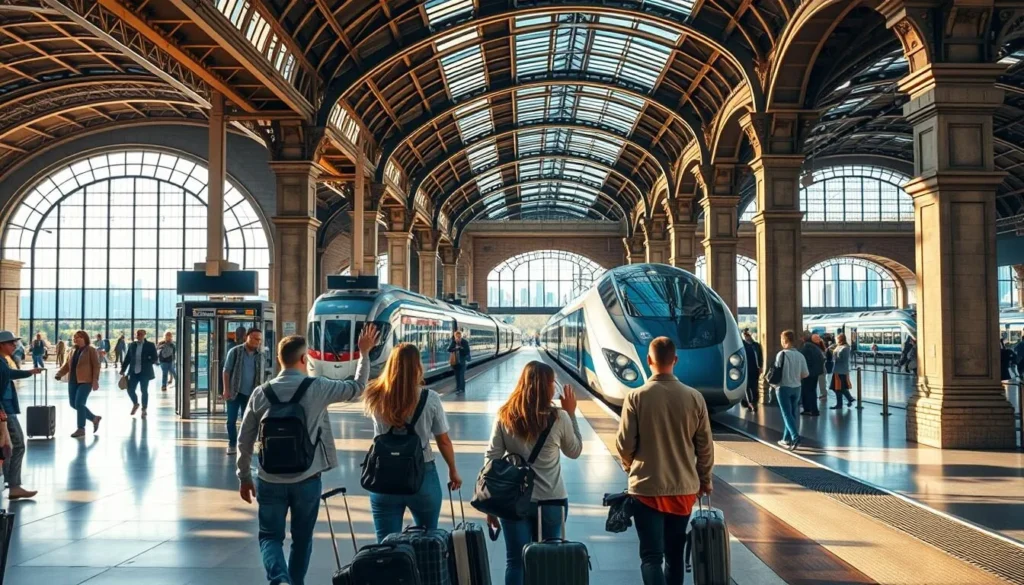 A bustling train station on a sunny day, with travelers hurrying through the concourse, their luggage in tow. In the foreground, a family waves goodbye as a sleek high-speed train departs, its reflection shimmering in the polished floors. The middle ground features a blend of modern and historical architecture, with glass-paneled ticket booths and ornate stone columns. In the background, the skyline of a vibrant city comes into view, hinting at the diverse destinations within reach. Warm, diffused lighting filters through the station's arched windows, creating a sense of energy and anticipation. Capture the essence of a well-connected transit hub, ready to whisk travelers off on their next adventure.