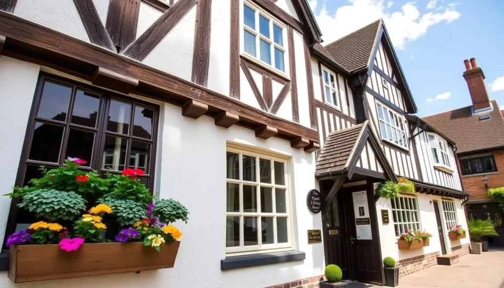 A charming boutique hotel in Canterbury with Tudor-style architecture and flower boxes