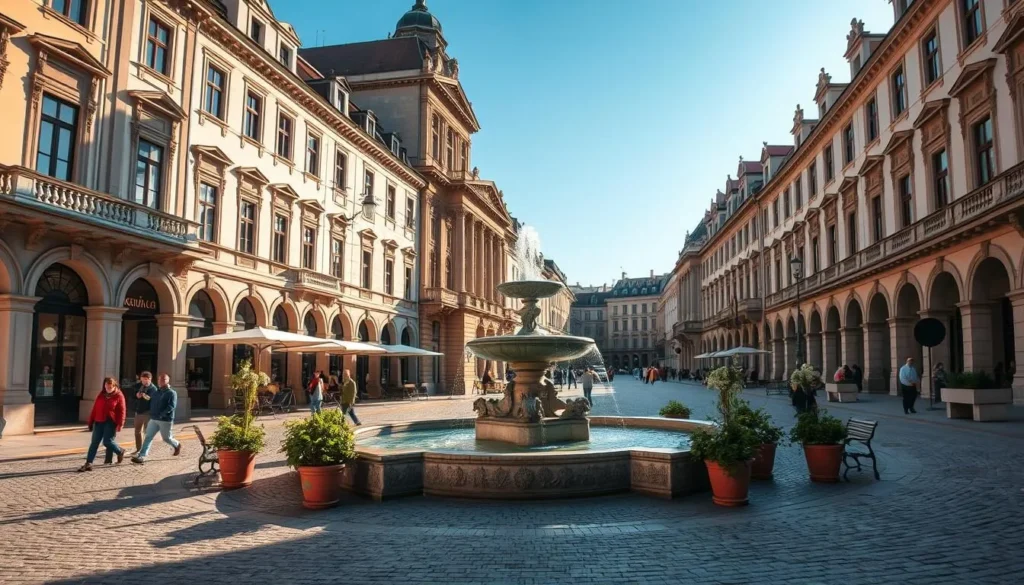 A charming city square in the historic center of Kaposvár, Hungary, bathed in warm afternoon sunlight. Elegant neoclassical and baroque buildings line the perimeter, their ornate facades and intricate architectural details casting long shadows across the cobblestone pavement. In the middle, a magnificent Renaissance-style fountain cascades crystal-clear water, surrounded by lush potted plants and a few benches where locals and visitors alike pause to admire the captivating scene. The atmosphere is serene and inviting, with a sense of timeless elegance and cultural heritage.