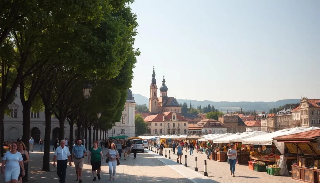 A charming cityscape of Satu Mare, Romania on a pleasant day. In the foreground, people strolling along a tree-lined promenade, enjoying the warm sunshine and taking in the historic architecture. In the middle ground, a bustling market square with local vendors selling fresh produce and handicrafts. In the background, the spires of ornate churches and the silhouettes of rolling hills. The scene is bathed in soft, golden light, creating a warm, inviting atmosphere. Capture the essence of this vibrant, budget-friendly city with its blend of old-world charm and modern energy.