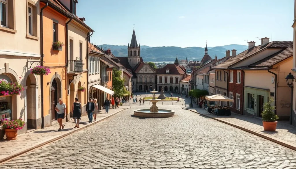 A charming cobblestone street in Bistrita's Old Town, Romania, bathed in warm sunlight and lined with quaint houses in a palette of pastel hues. In the foreground, pedestrians leisurely stroll along the weathered stones, while vibrant flower boxes adorn the windowsills. The middle ground reveals a historic town square, its centerpiece a graceful fountain surrounded by the ornate facades of the Council House and other architectural gems. In the distance, church spires and rolling hills create a picturesque backdrop, evoking a sense of timeless tranquility. Capture this quintessential European scene with a classic wide-angle lens, showcasing the harmonious blend of natural and man-made elements that define Bistrita's charming Old Town.