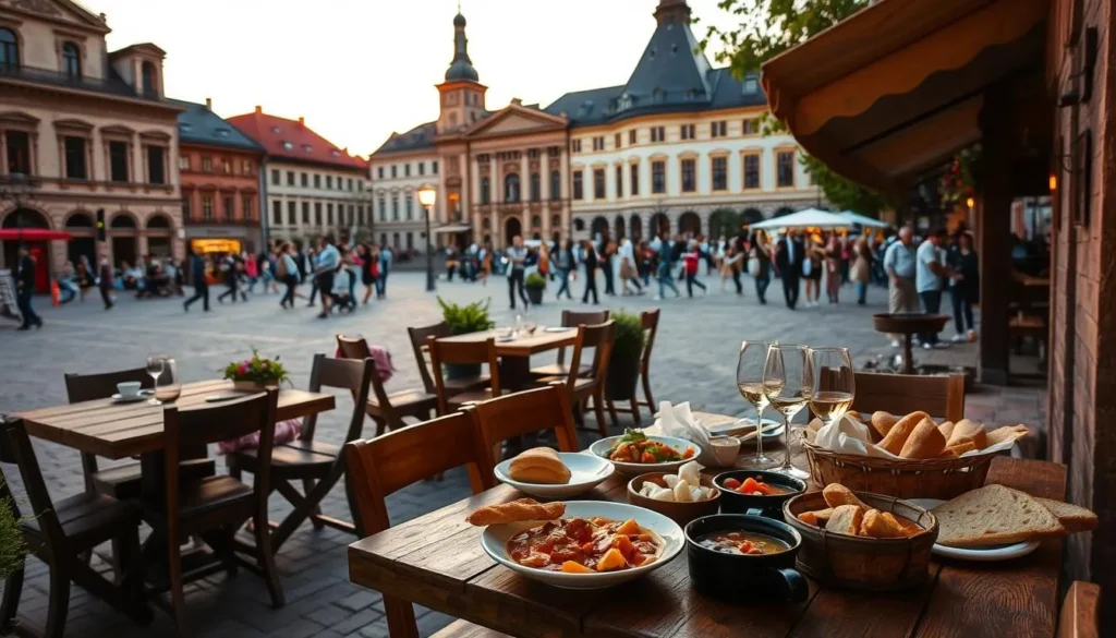 A charming evening scene in the historic Museum Square of Cluj-Napoca, Romania. In the foreground, a cozy outdoor dining area showcases a traditional Romanian feast, with hearty stews, fresh bread, and local wine. Rustic wooden tables and chairs create an intimate, inviting atmosphere. The middle ground features the iconic buildings and monuments of the square, bathed in warm, golden light as the sun sets. In the background, a lively crowd gathers, immersed in the vibrant culture and heritage of this enchanting city. The overall mood is one of timeless elegance, rich history, and the joyful celebration of Romanian culinary traditions.