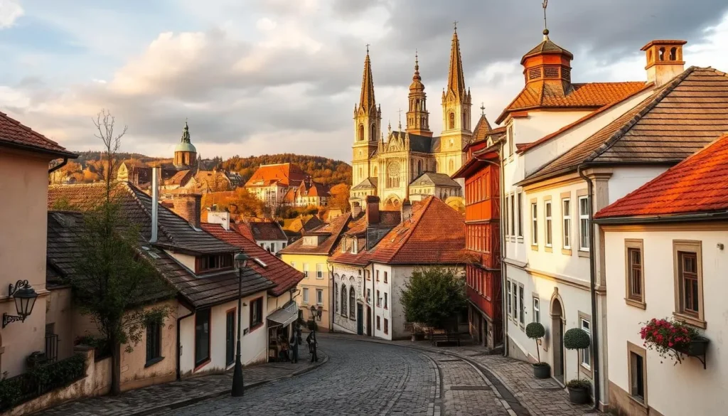 A charming old town nestled atop a gentle hill, Káptalandomb is the historic heart of Győr, Hungary. Capture the timeless elegance of its cobblestone streets, lined with quaint houses and stately buildings in a warm, golden light. Showcase the magnificent Győr Cathedral, its towering spires reaching skyward, flanked by the serene Széchényi Square. Render the scene with a soft, romantic focus, conveying the tranquil ambiance of this well-preserved historic district. Utilize a wide-angle lens to showcase the harmonious blend of architectural styles, from Baroque to Renaissance, creating a captivating visual narrative of Győr's rich cultural heritage. A charming old town nestled atop a gentle hill, Káptalandomb is the historic heart of Győr, Hungary. Capture the timeless elegance of its cobblestone streets, lined with quaint houses and stately buildings in a warm, golden light. Showcase the magnificent Győr Cathedral, its towering spires reaching skyward, flanked by the serene Széchényi Square. Render the scene with a soft, romantic focus, conveying the tranquil ambiance of this well-preserved historic district. Utilize a wide-angle lens to showcase the harmonious blend of architectural styles, from Baroque to Renaissance, creating a captivating visual narrative of Győr's rich cultural heritage.