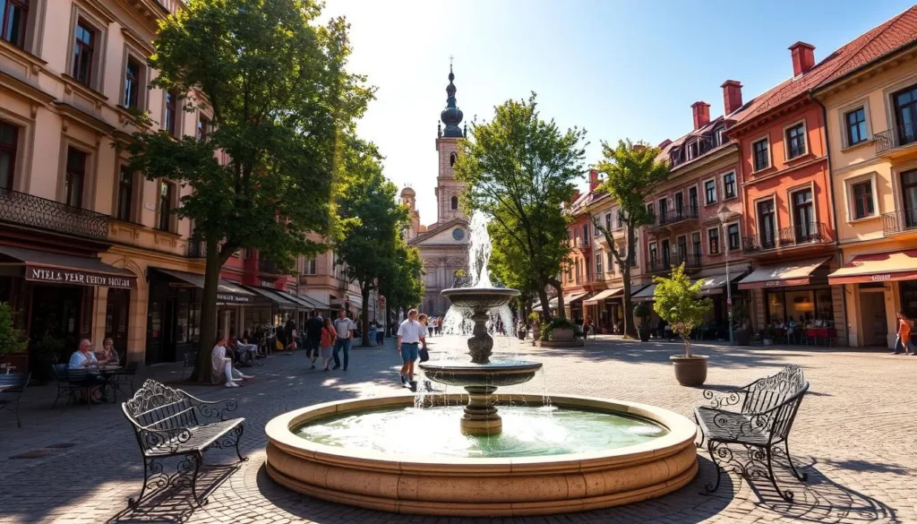 A charming old town square in Brăila, Romania, on a sun-dappled day. Stately historic buildings line the cobblestone streets, their ornate facades casting long shadows. Quaint cafes and shops spill out onto the plaza, where locals and visitors mingle. In the center, a grand fountain bubbles, surrounded by ornate wrought-iron benches and lush potted plants. The warm, golden light filters through the leafy trees, creating a welcoming, timeless atmosphere. A beautiful church steeple rises in the distance, its domes and spires silhouetted against a cloudless sky. The scene captures the essence of Brăila's captivating old town and its enduring architectural charm.