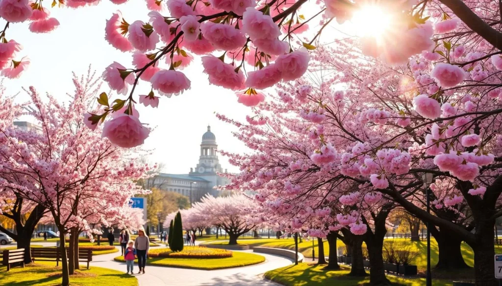 A charming springtime scene in Sofia, Bulgaria. A lush, blooming city park with vibrant cherry blossoms and ornamental trees lining the winding paths. Soft, diffused sunlight filters through the delicate pink petals, casting a warm, golden glow. People stroll leisurely, enjoying the pleasant weather and the tranquil atmosphere. In the distance, the graceful domes and towers of historic buildings peek out from behind the verdant foliage. An idyllic, quintessentially springtime urban landscape that captures the spirit of Sofia in this beautiful time of year.