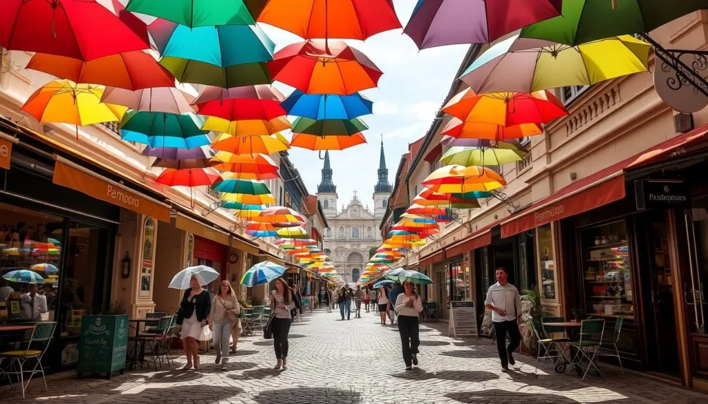 A charming umbrella-covered street in the heart of Timisoara, Romania. Vibrant cafes and quaint shops line the cobblestone path, their colorful awnings casting a whimsical patchwork of shadows. Pedestrians stroll leisurely, umbrellas aloft, as soft sunlight filters through the canopy above. In the distance, the steeples of historic churches rise, and the sound of laughter and conversation fills the air. Capture the essence of this delightful pedestrian promenade, where the mundane is elevated to the extraordinary.