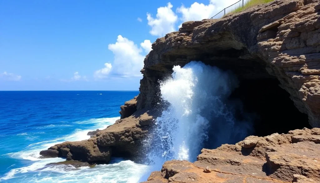 A coastal blowhole erupting with spray as Atlantic waves force water through narrow channels in the limestone at Indian Town National Park