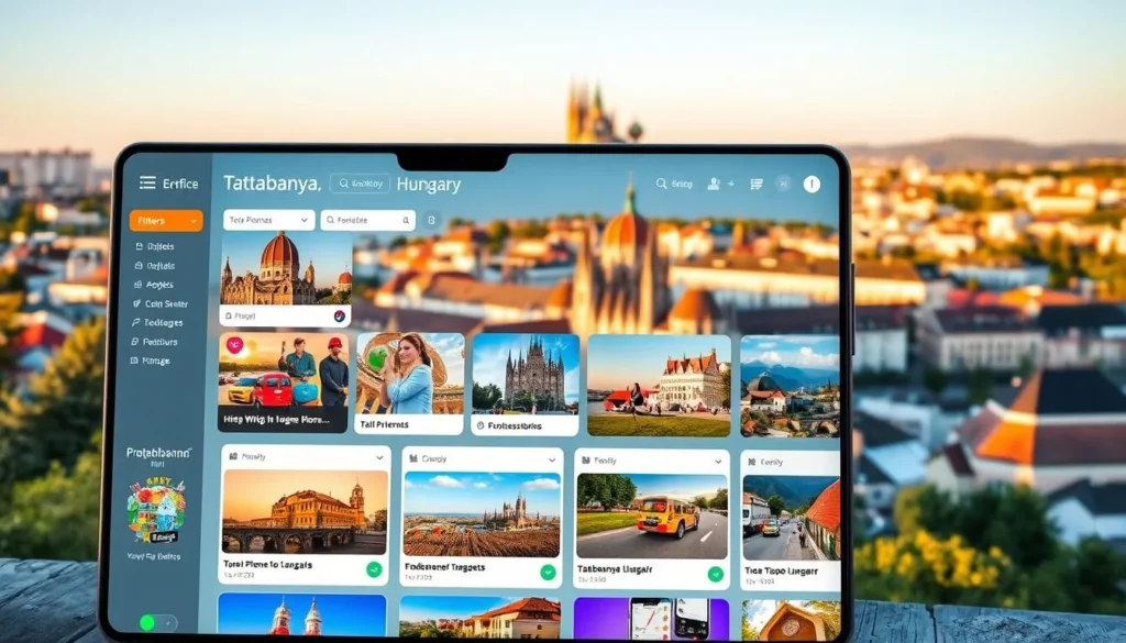 A colorful and modern AI-powered trip planning interface, showcasing a variety of activities and attractions in Tatabánya, Hungary. In the foreground, a sleek digital dashboard with customizable filters, recommendations, and booking options. In the middle ground, vibrant images of local landmarks, cultural events, and outdoor adventures. The background features a panoramic view of the city's picturesque skyline, bathed in warm, golden afternoon light. The overall scene conveys a sense of efficiency, discovery, and excitement for the traveler's upcoming journey.