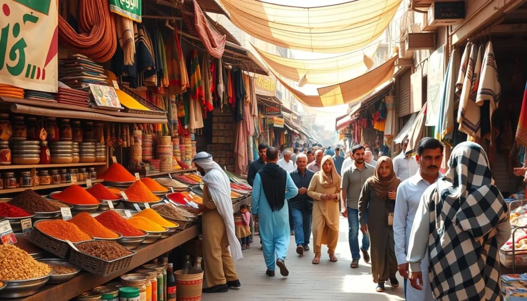 A colorful market in Ar-Raqqah with local vendors selling spices, textiles, and traditional goods