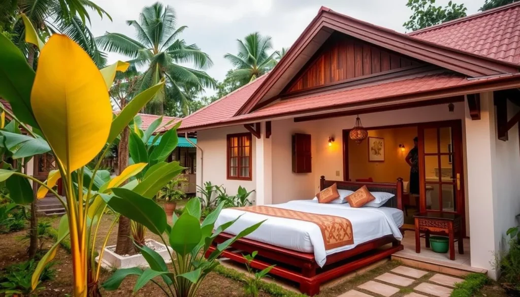 A comfortable guesthouse in Phonsavan with traditional Lao architectural elements and a garden setting