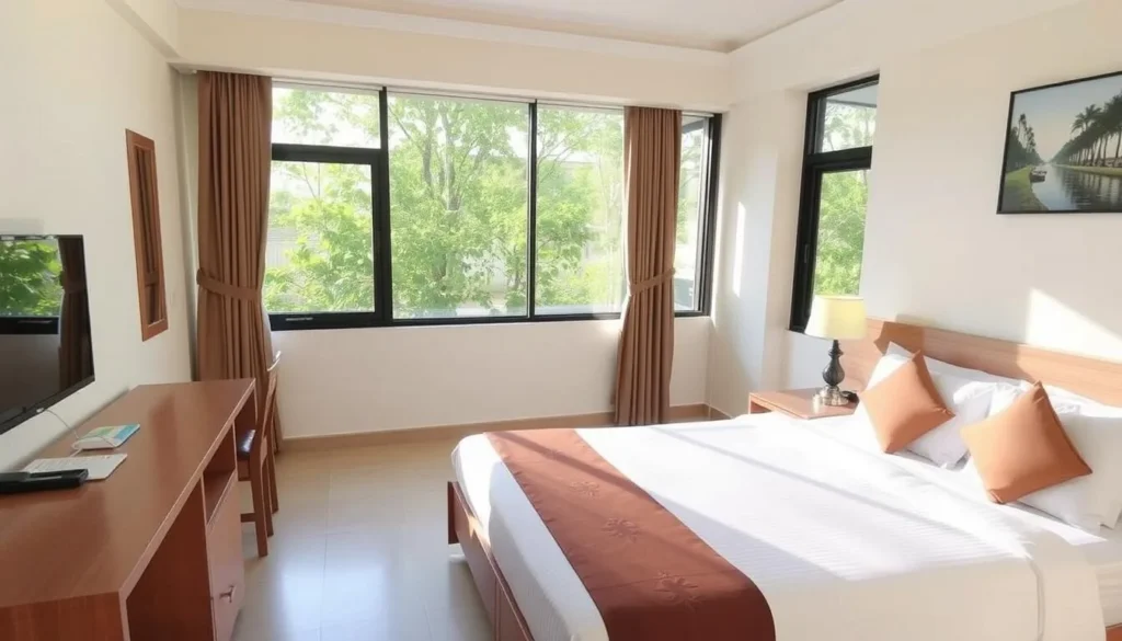 A comfortable hotel room in Binjai, Indonesia, showing modern furnishings and amenities