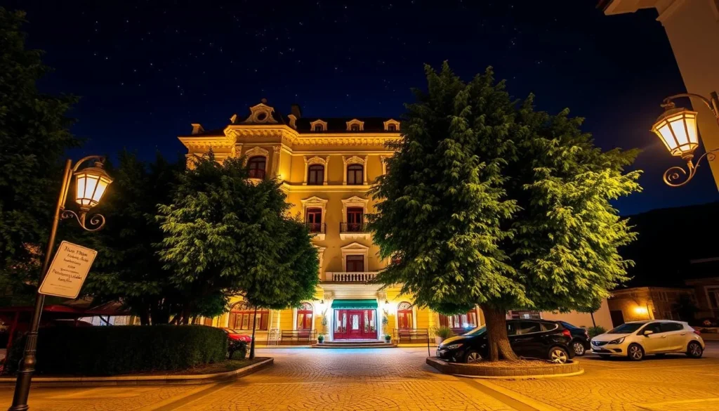 A cozy and inviting night hotel nestled in the charming town of Gabrovo, Bulgaria. The grand building stands tall, its ornate facade illuminated by warm, golden lighting that spills out from the large windows. The night sky above is dotted with twinkling stars, creating a serene and peaceful atmosphere. In the foreground, a cobblestone street leads up to the hotel's entrance, lined with elegant street lamps that cast a soft glow. The middle ground features lush, mature trees and a few parked cars, adding to the quaint, residential feel of the scene. The background subtly hints at the surrounding Balkan mountains, creating a picturesque and inviting setting for weary travelers to rest their heads.