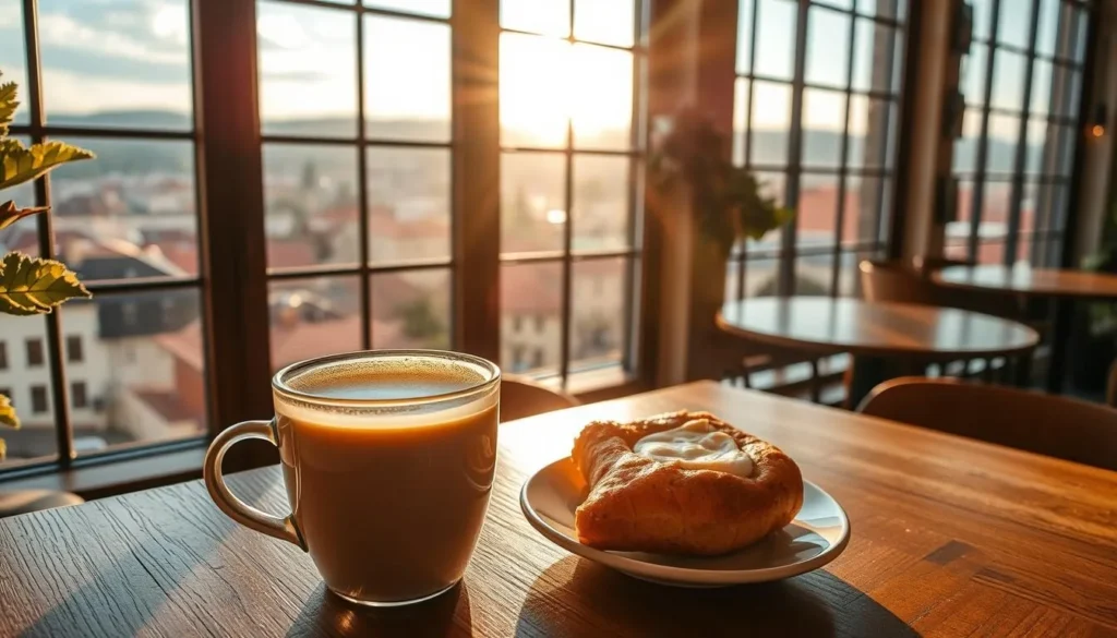 A cozy cafe nestled in the heart of Sibiu, Romania, with an expansive window offering a breathtaking view of the city's historic skyline. The sun streams in, casting a warm, golden glow on the rich, aromatic coffee in a sleek, minimalist mug, accompanied by a delicate pastry on a wooden table. The cafe's interior is filled with natural light, accentuating the rustic, yet sophisticated decor, creating an inviting and relaxing atmosphere. The scene is captured through a crisp, high-resolution lens, highlighting the nuanced details and the captivating interplay of light and shadow.