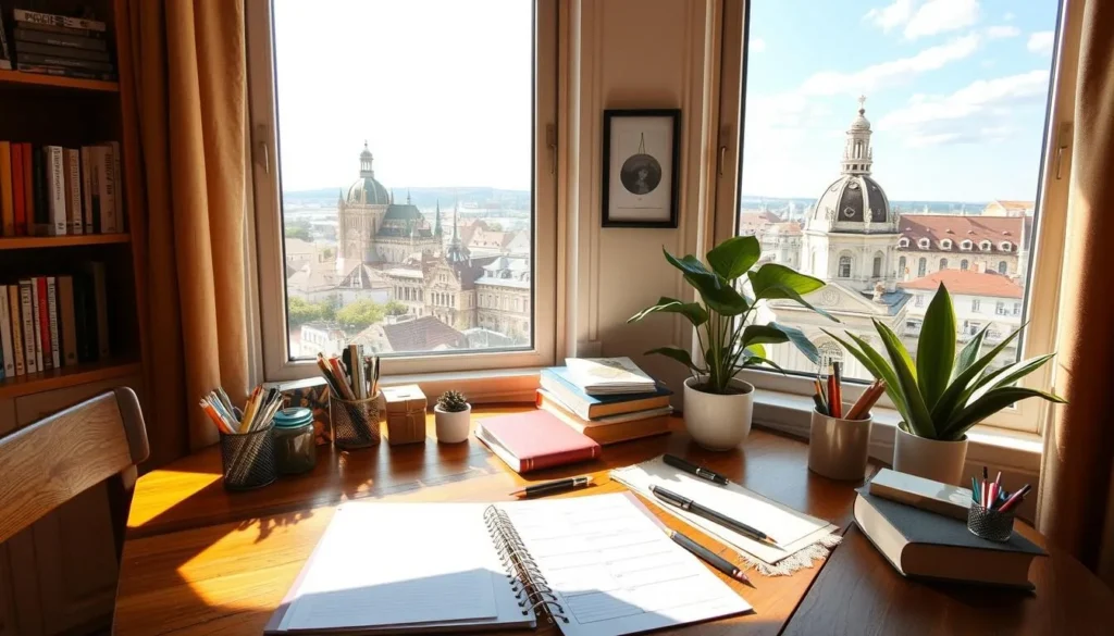 A cozy home office overlooking a picturesque Hungarian cityscape, with a wooden desk, planner, and various stationery items arranged neatly. Warm natural lighting filters through large windows, casting a soft glow on the workspace. In the background, the distinct architecture of Dunaújváros' landmarks can be seen, hinting at the city's rich cultural heritage. The atmosphere is one of focused productivity and thoughtful planning, inviting the viewer to envision themselves strategizing their perfect day in this limited-attractions destination. A cozy home office overlooking a picturesque Hungarian cityscape, with a wooden desk, planner, and various stationery items arranged neatly. Warm natural lighting filters through large windows, casting a soft glow on the workspace. In the background, the distinct architecture of Dunaújváros' landmarks can be seen, hinting at the city's rich cultural heritage. The atmosphere is one of focused productivity and thoughtful planning, inviting the viewer to envision themselves strategizing their perfect day in this limited-attractions destination.
