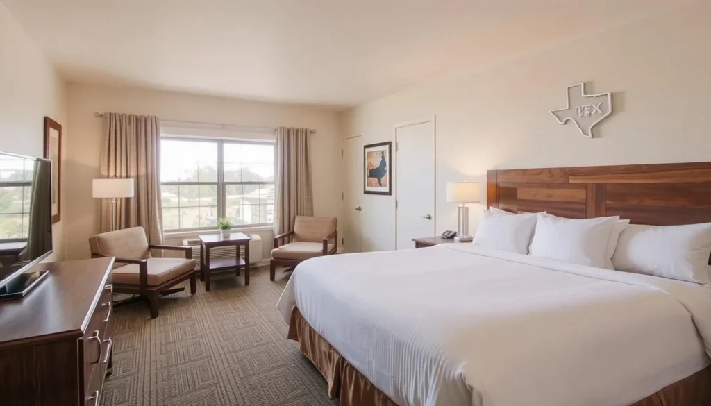 A cozy hotel room in San Marcos with Hill Country-inspired decor A cozy hotel room in San Marcos with Hill Country-inspired decor
