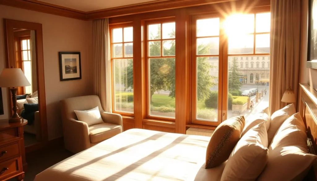 A cozy hotel room with warm lighting, soft bedding, and plush pillows. Sunlight streams through large windows, casting a golden glow across the space. A plush armchair sits in the corner, inviting guests to curl up with a book. Wooden furnishings and neutral tones create a serene, relaxing atmosphere. The room overlooks a lush garden or a picturesque town square, providing a peaceful escape from the bustling streets outside. The scene conveys a sense of comfort and tranquility, perfectly suited for a traveler seeking a restful hotel stay.