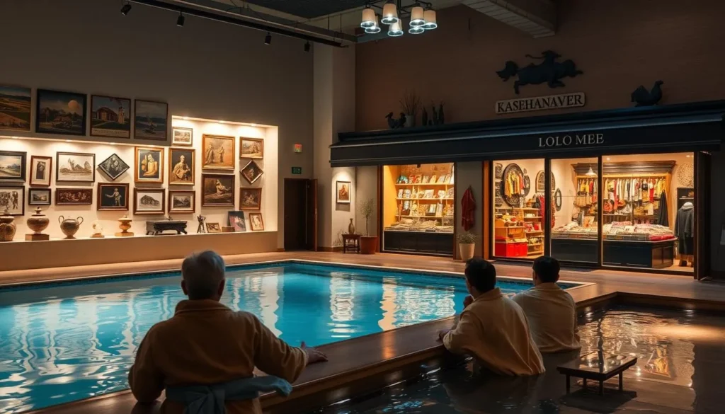 A cozy indoor scene in Zalaegerszeg, Hungary, showcasing the best activities for rainy days. A well-lit museum gallery displays various local artifacts and artworks, inviting visitors to explore the region's rich cultural heritage. In the foreground, a serene wellness center offers a tranquil respite, with people relaxing in plush robes by a soothing pool. In the background, a charming local boutique beckons, its windows displaying an array of handcrafted goods and unique souvenirs, capturing the essence of the city's vibrant shopping scene. Warm lighting, muted tones, and a sense of cozy comfort permeate the scene, creating an inviting and engaging representation of Zalaegerszeg's indoor diversions.