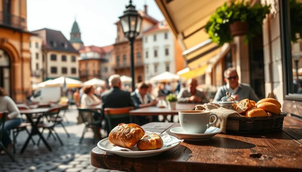 A cozy outdoor cafe in the heart of Dunaújváros, Hungary, on a sunny afternoon. The foreground features a rustic wooden table set with a white tablecloth, freshly baked bread, a steaming cup of coffee, and a selection of traditional Hungarian pastries. In the middle ground, people dine and converse, enjoying the vibrant atmosphere. The background showcases the charming buildings and cobblestone streets of the historic city center, with a warm, golden lighting creating a inviting ambiance. Capture the essence of the local food and drink culture, conveying a sense of comfort, community, and cultural authenticity. A cozy outdoor cafe in the heart of Dunaújváros, Hungary, on a sunny afternoon. The foreground features a rustic wooden table set with a white tablecloth, freshly baked bread, a steaming cup of coffee, and a selection of traditional Hungarian pastries. In the middle ground, people dine and converse, enjoying the vibrant atmosphere. The background showcases the charming buildings and cobblestone streets of the historic city center, with a warm, golden lighting creating a inviting ambiance. Capture the essence of the local food and drink culture, conveying a sense of comfort, community, and cultural authenticity.