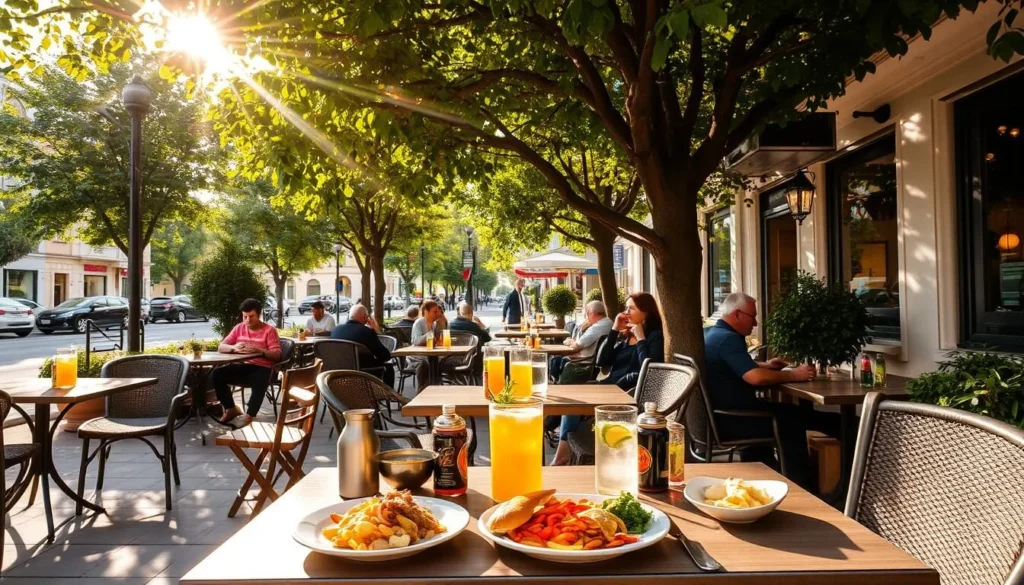 A cozy outdoor café nestled in the heart of Pitesti, Romania, with tables and chairs arranged under the dappled shade of lush trees. The scene is bathed in warm, golden sunlight, creating a gentle, inviting atmosphere. In the foreground, a selection of delectable local dishes and refreshing beverages are laid out on the tables, enticing passersby to stop and indulge. The middle ground features patrons leisurely enjoying their meals and drinks, engaged in lively conversation. In the background, the charming streets of Pitesti are visible, adding to the sense of place and immersing the viewer in the vibrant local culture. The overall composition evokes a sense of relaxation, community, and the enjoyment of good food and company.
