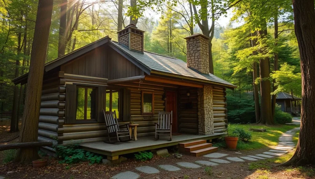 A cozy, rustic cabin nestled in the lush, verdant foothills of the Buila-Vanturarita National Park, Romania. The cabin's weathered wooden exterior and stone chimney blend seamlessly with the surrounding forest. Sunlight filters through the canopy, casting a warm, golden glow on the scene. A small porch with rocking chairs invites visitors to relax and take in the peaceful, natural ambiance. The cabin's windows reflect the tranquil lake nearby, mirroring the serene landscape. Meandering hiking trails wind through the understory, beckoning adventurous visitors to explore the park's diverse flora and fauna.