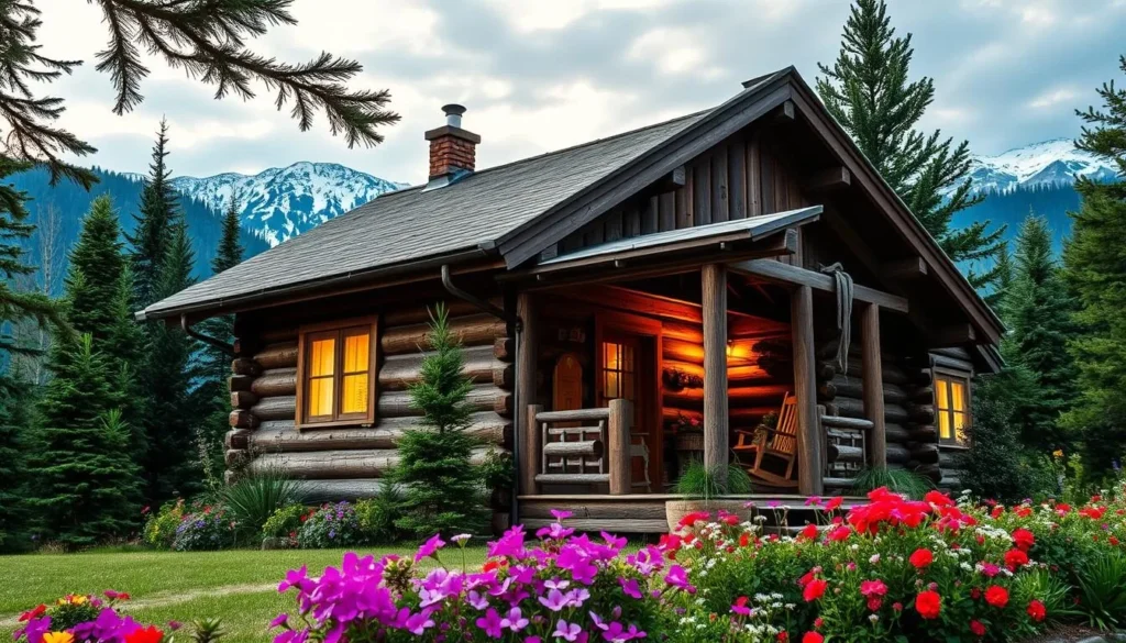 A cozy, rustic mountain cabin nestled amidst the lush, evergreen forests of Rila National Park, Bulgaria. The structure features traditional log walls, a charming pitched roof, and a quaint front porch with a rocking chair. Soft, warm light filters through the windows, casting a welcoming glow. In the foreground, a well-tended garden overflows with vibrant blooms. The background showcases the majestic, snow-capped peaks of the Rila Mountains, creating a serene and picturesque scene. Evoke a sense of tranquility, comfort, and connection with nature.