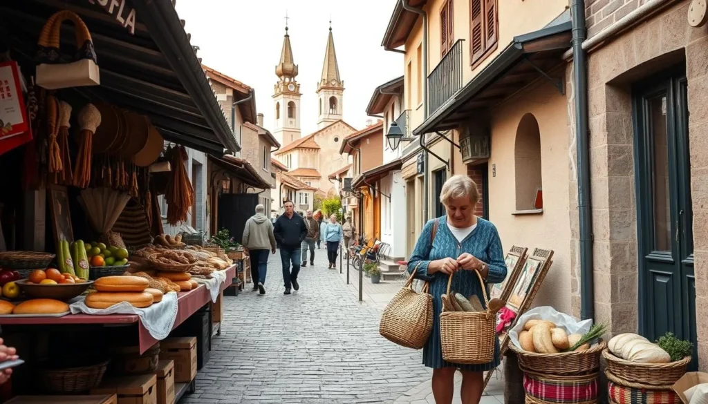 A cozy street in a charming Bulgarian town, with cobblestone paths and quaint buildings. In the foreground, a local market stall displays a variety of fresh produce, breads, and traditional crafts. A middle-aged woman examines the wares, basket in hand, surrounded by other shoppers. In the background, a picturesque church spire rises above the rooftops, bathed in warm, natural light. The mood is relaxed and inviting, capturing the essence of a budget-friendly day in Kardzhali.