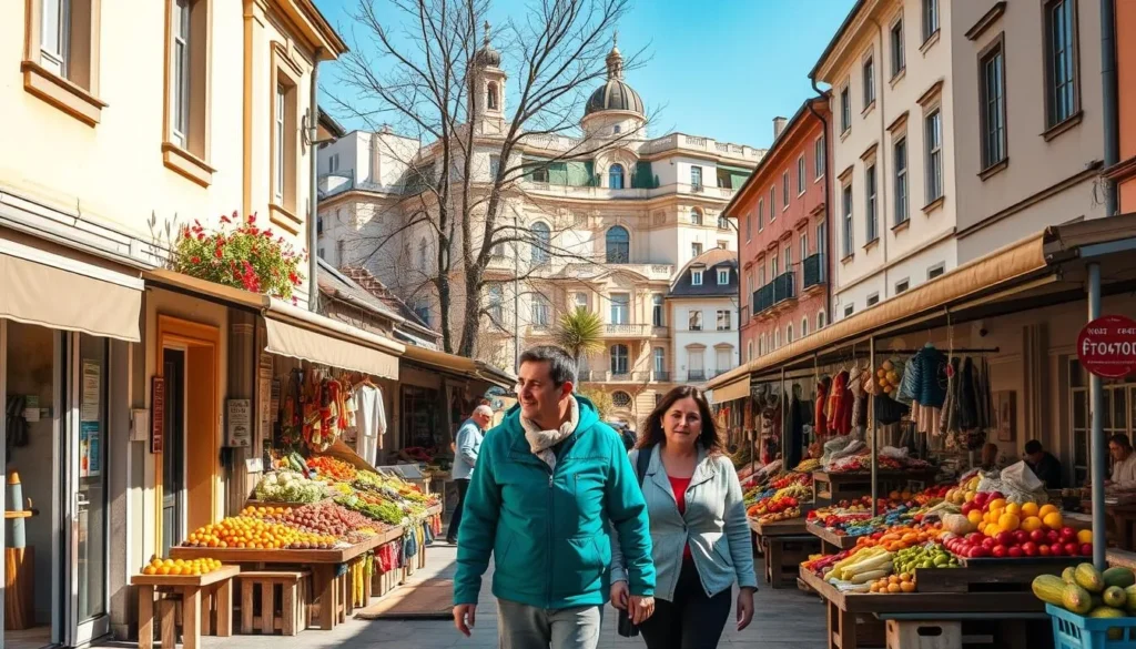 A cozy street scene in Ramnicu Valcea, Romania, on a sunny day. In the foreground, a pair of locals stroll past quaint storefronts, their expressions content. Vibrant market stalls line the middle ground, overflowing with fresh produce and handmade crafts. In the background, the historic architecture of the city rises, its pastel-colored buildings bathed in warm, golden light. The atmosphere is one of relaxation and community, capturing the essence of daily life on a modest budget in this charming Romanian town.