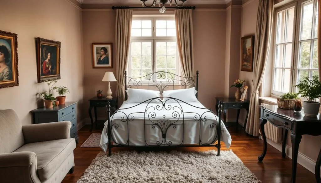 A cozy, well-appointed room in a charming European-style hotel in Szekesfehervár, Hungary. Warm, natural lighting streams through large windows, illuminating plush furnishings in muted tones. A wrought-iron bed frame with crisp, white linens takes center stage, flanked by antique nightstands and a writing desk. Decorative accents like potted plants, framed artwork, and a fluffy area rug add character. The scene evokes a sense of relaxation and comfort, ideal for weary travelers seeking a restful retreat after exploring the historic city.