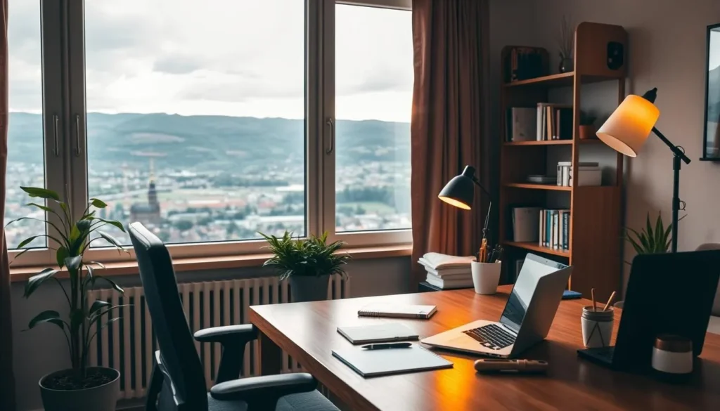 A cozy, well-organized office space with a wooden desk, a comfortable ergonomic chair, and a large window overlooking a picturesque landscape. Soft, warm lighting illuminates the scene, and a potted plant adds a touch of nature. On the desk, a laptop, a notebook, and a few carefully arranged stationery items suggest a productive yet relaxed working environment. The overall atmosphere conveys a sense of focus and inspiration, ideal for planning a memorable trip to Arad, Romania.