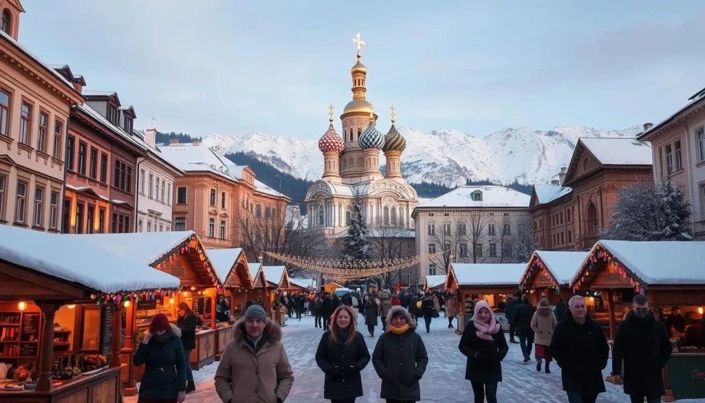 A cozy winter scene in Sofia, Bulgaria: a picturesque old town square blanketed in fresh snow, with colorful festive lights strung between the historic buildings. In the foreground, a group of people bundled up in warm coats and scarves stroll past traditional wooden stalls selling hot mulled wine and roasted chestnuts. In the middle ground, a majestic orthodox church with onion domes rises up, its golden spires catching the soft afternoon light. In the background, snow-capped mountains loom, creating a serene and magical atmosphere. The overall mood is one of festive cheer and tranquil beauty, perfectly capturing the essence of a winter day in the charming city of Sofia.