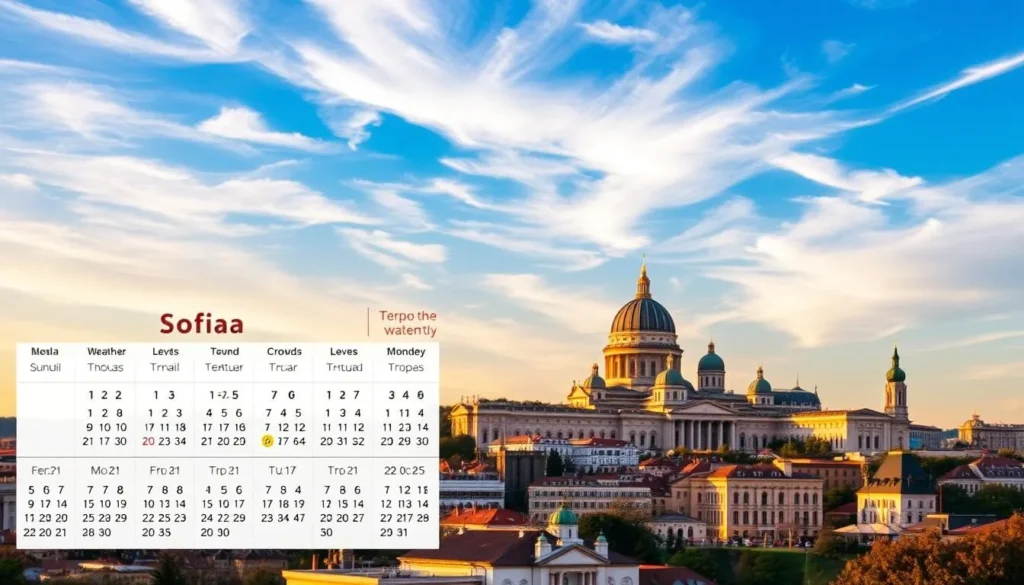 A detailed monthly cheat sheet for a weather-savvy trip to Sofia, Bulgaria. In the foreground, a beautifully designed calendar showcases the ideal weather, crowd levels, and best activities for each month. The middle ground features a scenic cityscape of Sofia's iconic landmarks, bathed in warm, golden light. In the background, a vibrant, dynamic sky sets the mood, with wispy clouds and a soft, ambient glow. The overall composition conveys a sense of organization, practicality, and the allure of exploring Sofia throughout the year.