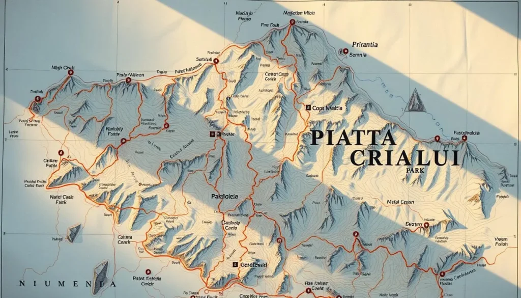 A detailed topographic map of Piatra Craiului National Park, Romania, featuring clearly marked hiking trails, trail markers, and key landmarks. The map is displayed on a high-quality paper texture, with a muted color palette that evokes the natural setting. Warm, diffused lighting casts subtle shadows, creating depth and dimension. The map is framed from an overhead angle, providing a comprehensive view of the park's terrain and offering navigational guidance for hikers. The overall mood is one of exploration and adventure, capturing the essence of the "Navigation notes" section.