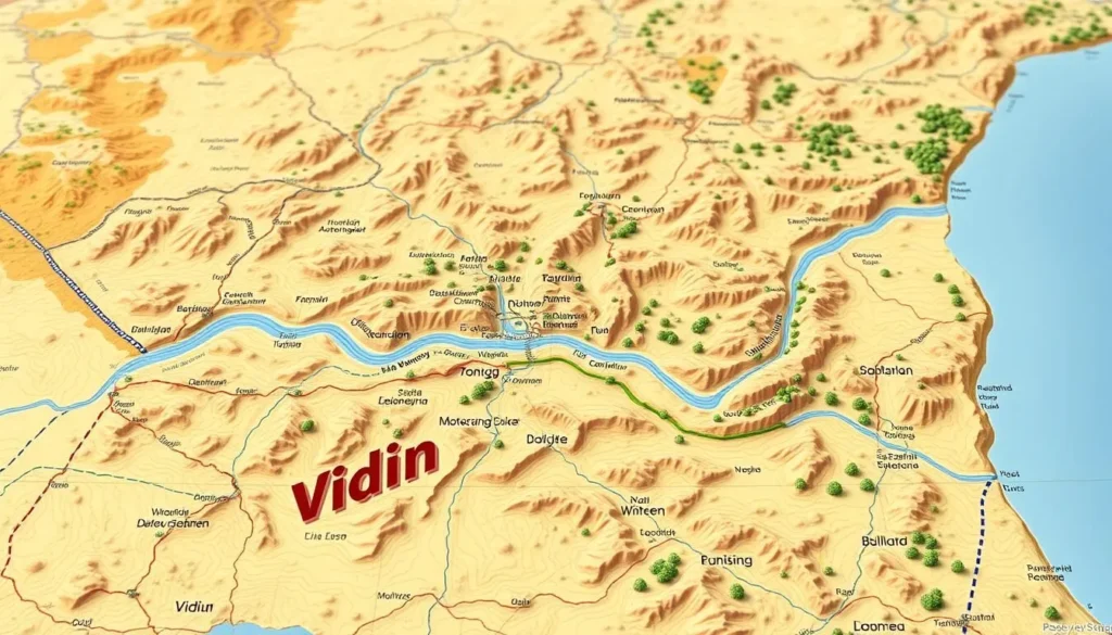 A detailed topographical map of the Vidin region in northwestern Bulgaria, showcasing the Danube River, rolling hills, and lush greenery. The map is rendered in a warm, earthy color palette, with subtle shading and contour lines that highlight the region's varied terrain. The perspective is slightly elevated, providing a panoramic view that conveys a sense of scale and context. The map is presented with a clean, uncluttered design, allowing the viewer to easily navigate and plan their trip to Vidin. Soft, diffused lighting casts a natural, inviting ambiance, conveying the pleasant weather and setting.