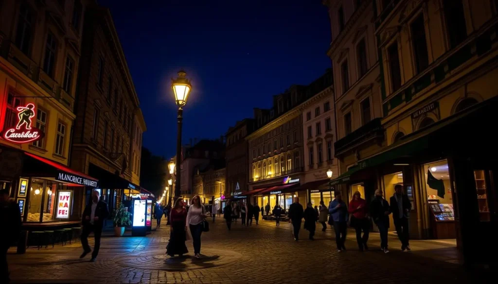 A dimly lit street in Debrecen, Hungary, at night. The glow of neon signs and warm light from cozy cafes and bars spills onto the cobblestone pavement, creating a inviting, atmospheric scene. Elegant historic buildings line the street, their facades softly illuminated. Couples and groups of friends stroll leisurely, the air filled with the sounds of laughter and chatter. A vintage streetlamp casts a golden glow, adding to the charming, nostalgic ambiance. The night sky is inky blue, dotted with a few twinkling stars. The overall mood is one of relaxation, joy, and a sense of timelessness, perfectly capturing the essence of a vibrant, cultured nightlife in Debrecen.