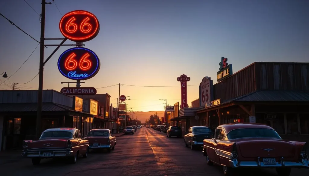 A dimly lit, vintage scene along the historic Route 66 in California. Neon signs in vibrant hues of red, blue, and yellow illuminate the roadside, casting a warm glow on the surrounding buildings. Classic American cars from the 1950s and 60s are parked along the street, adding to the nostalgic atmosphere. The sky is clear and the sun is setting, creating a golden hour lighting that casts long shadows and highlights the textures of the weathered structures. The scene captures the spirit of the open road and the timeless allure of this iconic American highway.