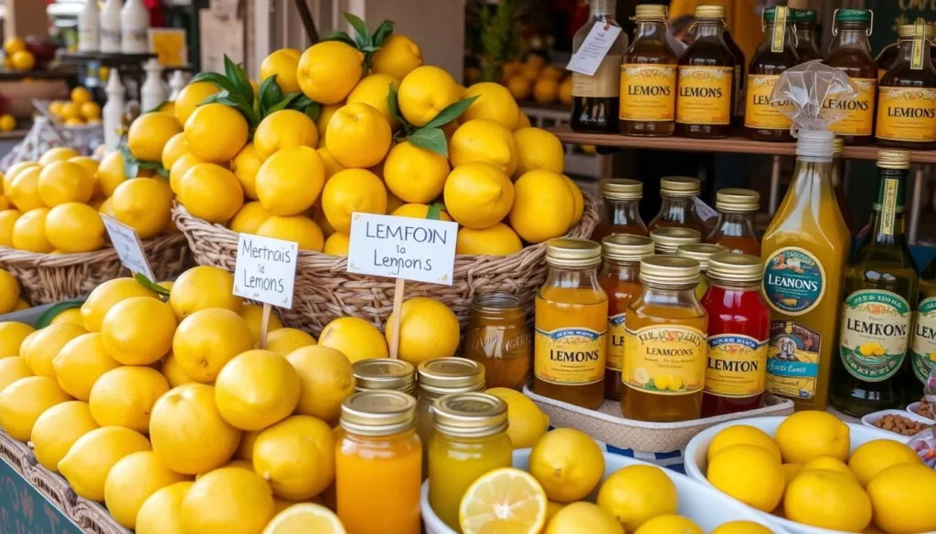 A display of Menton's famous lemons and citrus products at a local market stall with colorful arrangements