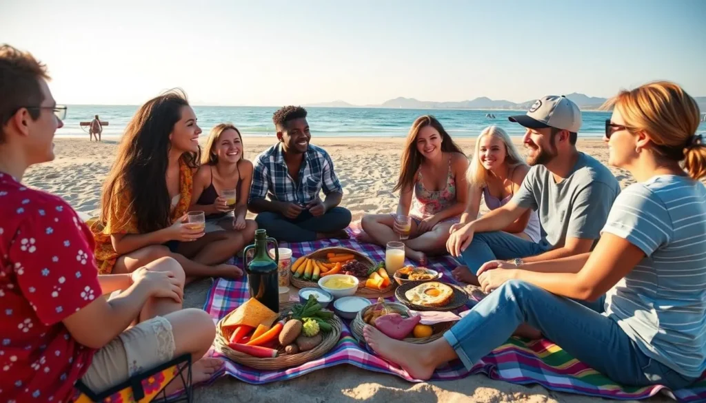A diverse group of friends having a beach picnic at Mandalay State Beach with the Channel Islands visible in the background
