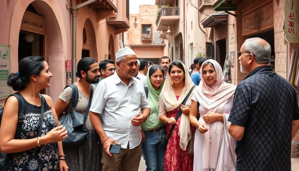 A diverse group of tourists exploring Khemisset's main street with local guides
