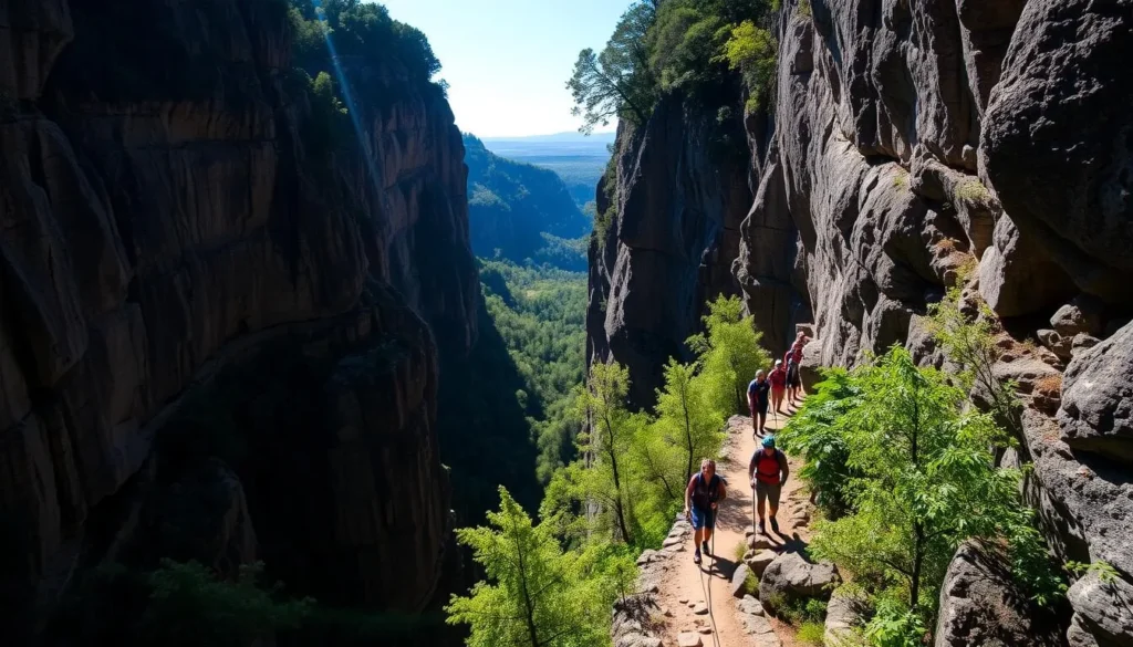 A dramatic, rugged gorge with towering limestone cliffs and dense, lush foliage. Hikers carefully navigate the chain-assisted sections, the sheer rock walls casting long shadows as the sun streams through the canopy above. In the foreground, the trail winds through the narrow ravine, while in the distance, the gorge opens up to reveal a scenic overlook. Capture the sense of adventure and exploration, with a crisp, clear landscape and an atmosphere of natural wonder.