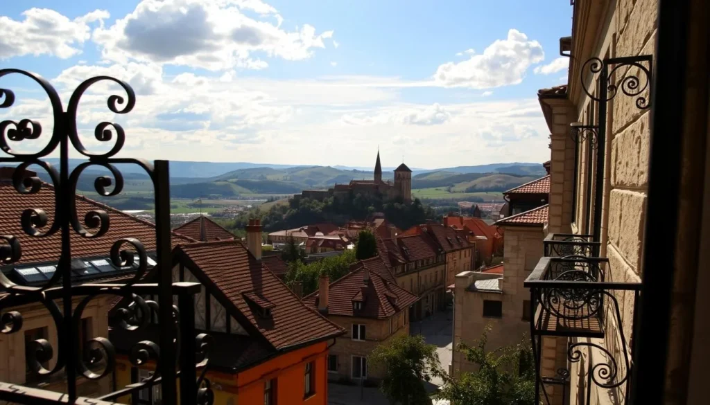 A dramatic vista of Veliko Tarnovo's historic city center, captured from the balconies along Stefan Stambolov Street. In the foreground, intricate wrought-iron railings frame the view, casting delicate shadows across the sun-dappled stone facades. The middle ground features the steeply pitched roofs and towers of the medieval Tsarevets Fortress, rising above the terracotta-tiled houses. In the distance, the lush, rolling hills of the Yantra River valley stretch out beneath a cloudless azure sky, illuminated by warm, golden sunlight. The tranquil atmosphere evokes a sense of timeless beauty and the city's enduring historical legacy.