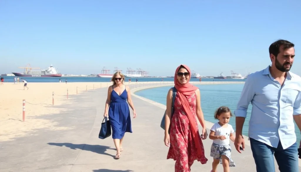 A family exploring Al Ruwais beach area on foot, with the port visible in the background