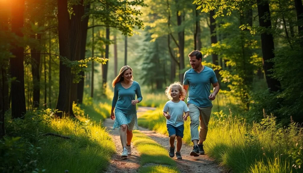 A family of four - two parents and two young children - enjoying a leisurely nature walk in a lush, verdant forest. The warm, golden sunlight filters through the canopy of trees, casting a soft, inviting glow on the scene. The family strolls along a well-maintained trail, taking in the sights and sounds of the tranquil, serene environment. The children's faces are filled with wonder and excitement as they explore their surroundings, while the parents walk alongside them, guiding and sharing in their discovery. The overall atmosphere is one of relaxation, adventure, and quality time spent together in the great outdoors.