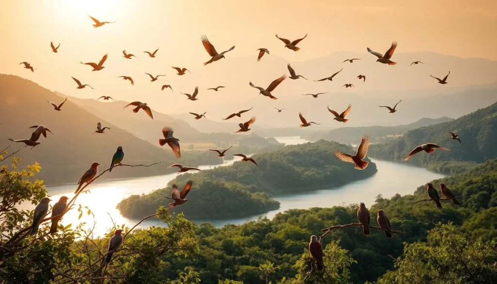 A flock of vibrant birds soaring gracefully over the lush, verdant Danube river banks in the Macin Mountains National Park, Romania. The sun's warm glow bathes the scene in a golden light, casting gentle shadows on the tranquil waters below. In the foreground, a variety of colorful avian species - from vibrant songbirds to majestic raptors - perch on branches, their feathers shimmering in the soft breeze. The middle ground reveals the rolling hills and rocky outcroppings that characterize the stunning Macin landscape, while the distant mountains form a breathtaking backdrop. This serene, birdwatching paradise captures the essence of the region's natural beauty and biodiversity.