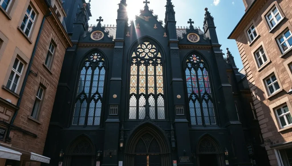 A grand, Gothic-style church with a towering, black-painted facade stands proud in the center of a quaint European town. Sunlight filters through ornate stained-glass windows, casting warm, multicolored patterns on the weathered stone walls. Intricate architectural details, like pointed arches and flying buttresses, adorn the building's exterior, lending an air of grandeur and historical significance. The church's imposing presence commands attention, inviting visitors to step inside and discover the rich history and spiritual atmosphere within.
