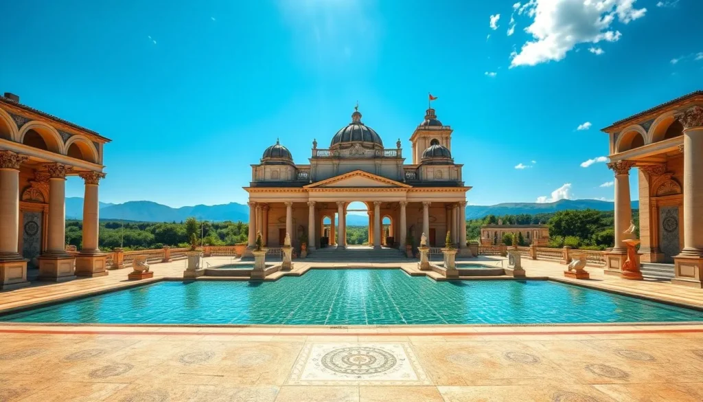 A grand and sprawling Roman bath complex set against a clear blue sky, with sunlight filtering through the arched windows and reflecting off the glistening pools of water. The foreground features intricate mosaic floors, columns, and sculptural details, while the middle ground showcases the grand architecture, including domed roofs and ornate facades. In the background, lush greenery and distant mountains create a picturesque landscape. The scene conveys a sense of history, grandeur, and tranquility, perfect for showcasing the ancient ruins and iconic landmarks of Varna, Bulgaria.