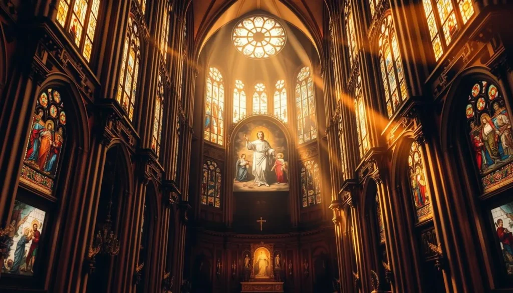 A grand cathedral interior bathed in warm, golden light filtering through stained glass windows. In the center, a breathtaking depiction of the Holy Trinity - God the Father, Christ the Son, and the Holy Spirit, represented symbolically. Detailed religious iconography and ornate architectural elements surround the sacred scene, creating a contemplative and awe-inspiring atmosphere. The perspective is slightly elevated, allowing the viewer to take in the full grandeur of the space. The mood is one of reverence, solemnity, and spiritual tranquility.