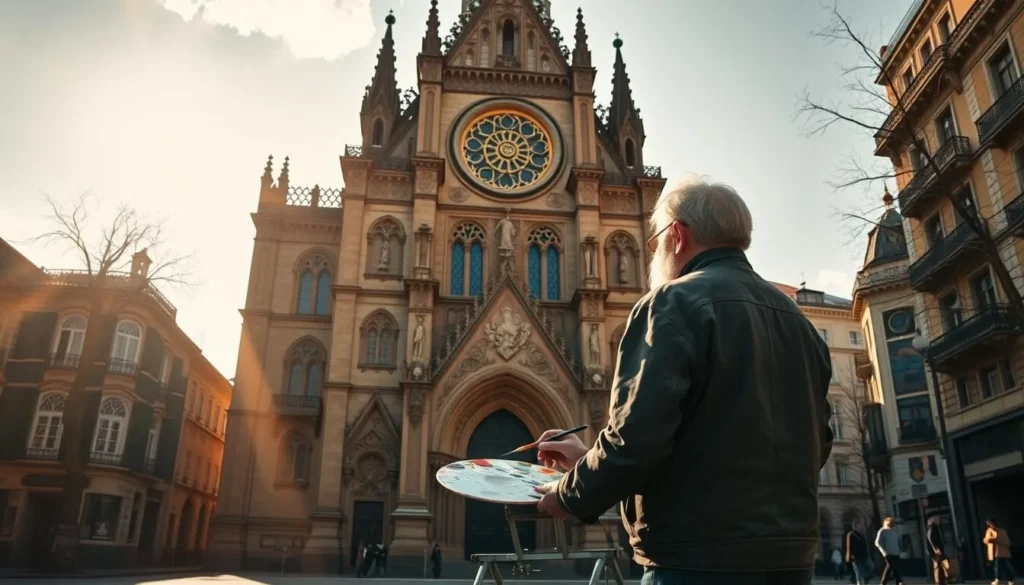 A grand cathedral stands tall, its ornate facade adorned with intricate carvings and stained glass windows that capture the sunlight. Michael Gabriel, a renowned local artist, stands before it, palette in hand, capturing the essence of Brăila's rich history and architectural beauty. The scene is bathed in warm, golden light, casting a serene, contemplative atmosphere. In the foreground, the artist's brushstrokes bring the cathedral to life, while in the background, the city's bustling streets provide a subtle contrast, hinting at the vibrant culture that surrounds this sacred space.