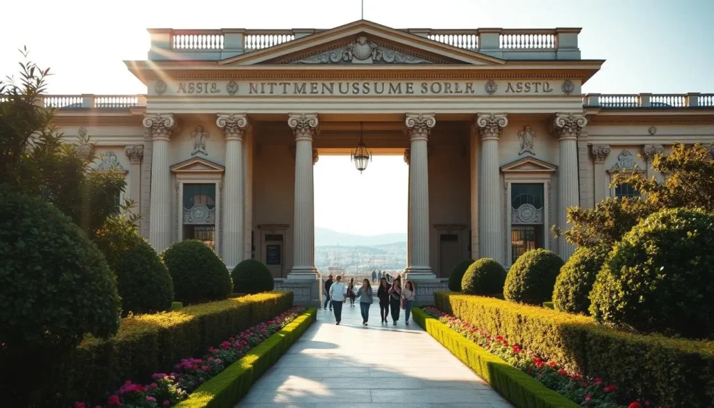 A grand, classical museum facade with ornate columns and a grand entrance. Sunlight filters through the windows, casting warm, natural illumination on the intricate architectural details. In the foreground, a lush, manicured garden with vibrant flowers and neatly trimmed hedges leads visitors towards the museum's impressive entrance. The middle ground features people leisurely strolling, admiring the building's grandeur. In the background, a picturesque town or city skyline provides a serene, complementary setting. The overall mood is one of cultural sophistication, historic elegance, and inviting ambiance, capturing the essence of a world-class museum experience. A grand, classical museum facade with ornate columns and a grand entrance. Sunlight filters through the windows, casting warm, natural illumination on the intricate architectural details. In the foreground, a lush, manicured garden with vibrant flowers and neatly trimmed hedges leads visitors towards the museum's impressive entrance. The middle ground features people leisurely strolling, admiring the building's grandeur. In the background, a picturesque town or city skyline provides a serene, complementary setting. The overall mood is one of cultural sophistication, historic elegance, and inviting ambiance, capturing the essence of a world-class museum experience.